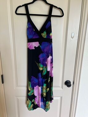 Black Floral V-Neck Midi Dress with Purple & Green Accents